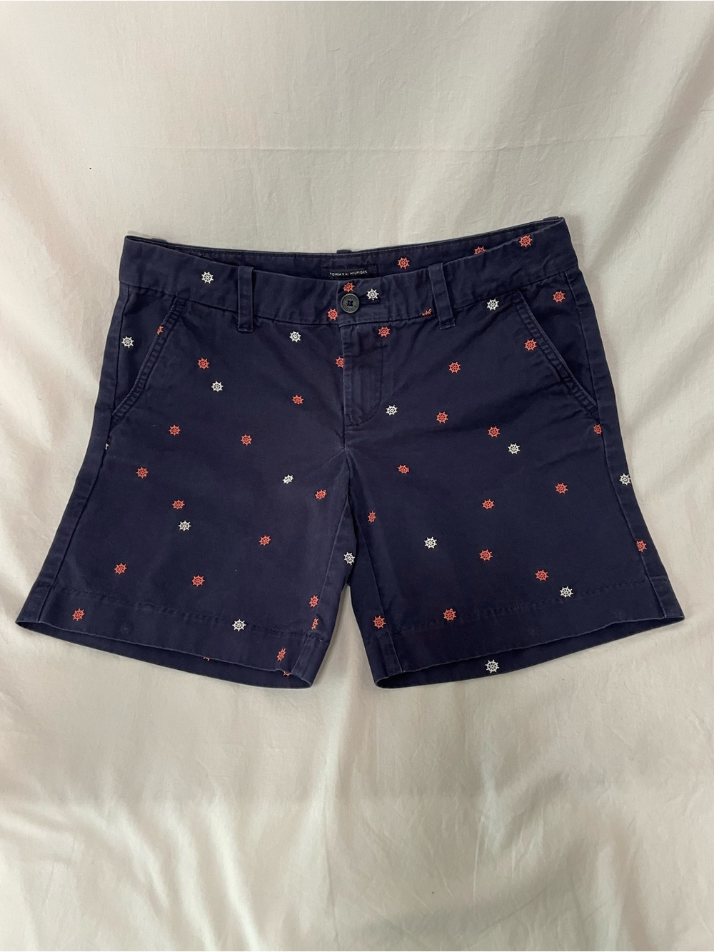 Tommy Hilfiger Nautical Navy Shorts, Sz 4, 100% Cotton, Embroidered Ship Wheels